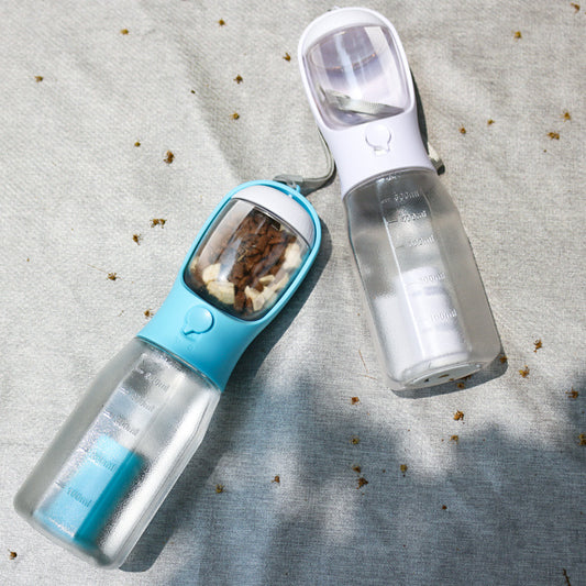 Dog travel water bottle with built-in drinking tray